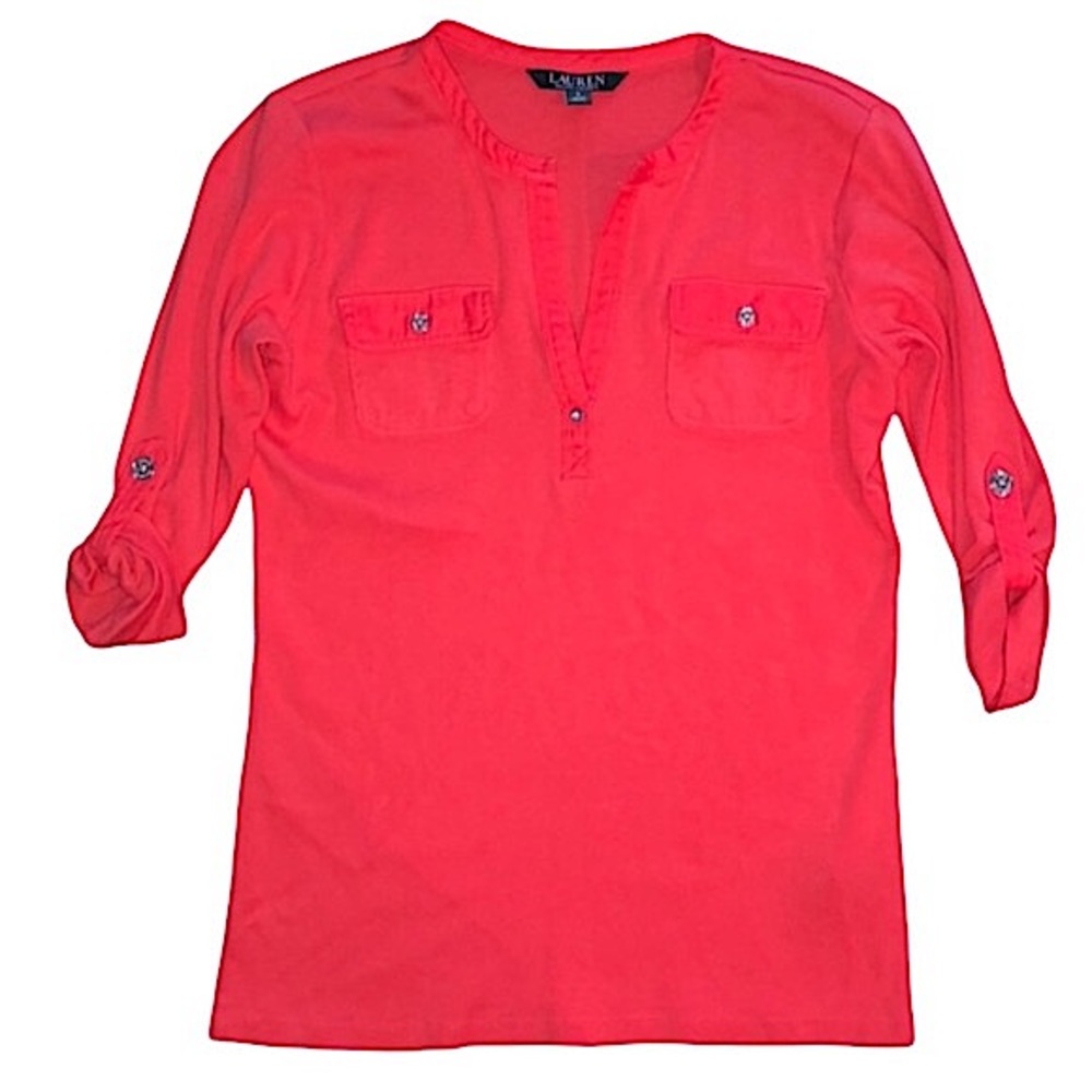 Ralph Lauren Bright Coral 3/4 Sleeve Pocket Tee
